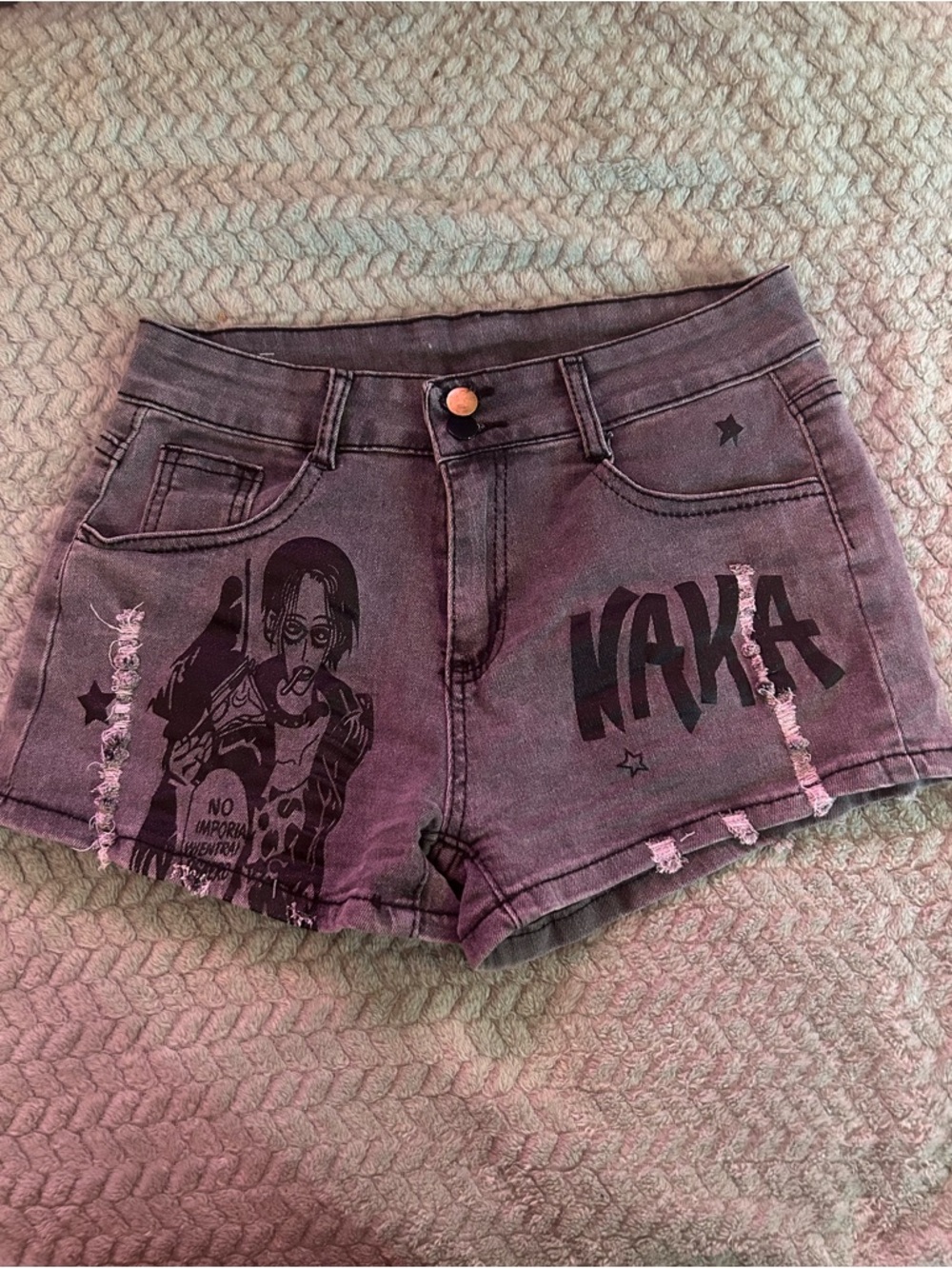 Harajuku Anime Gray Graphic Distressed Jean Shorts